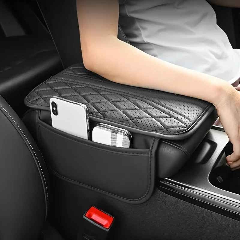 Universal Quilted Leather Car Console Armrest Cover with Pockets - view 5